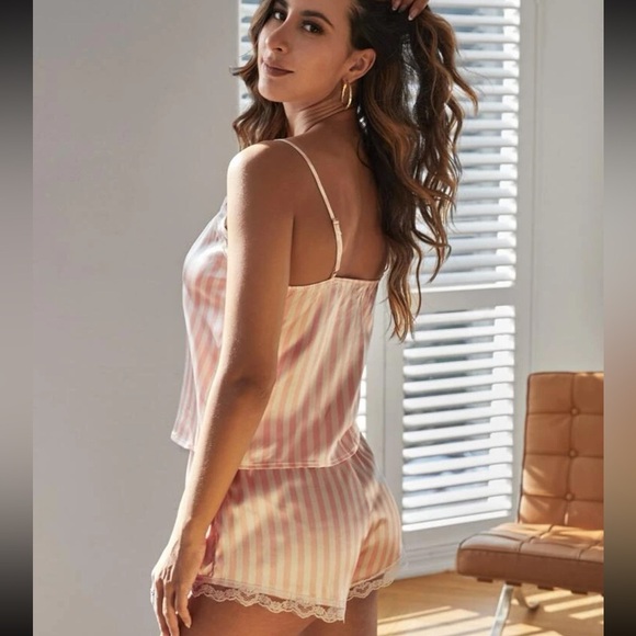 Lace 2 piece pajama set: Striped Cami shirt and shorts pj Set - Picture 3 of 4